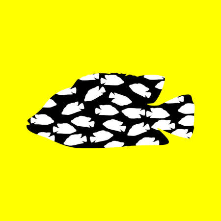 Silhouette of fish. Double exposure of fish silhouettes. Yellow background. Vector illustration....