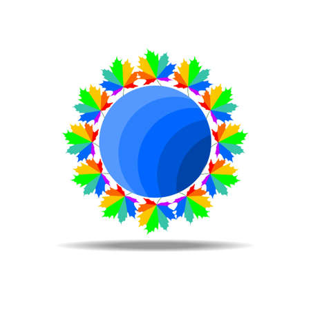 Abstract circle in blue tones with maple leaves around. Vector illustrationのイラスト素材