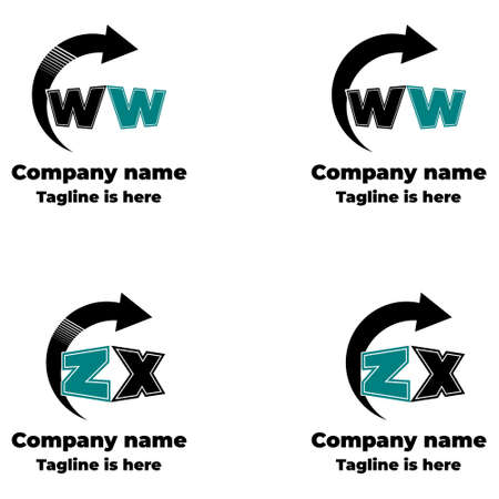 Logotype. Two letters with a arrow around them. A set of four pieces. Vector illustrationのイラスト素材