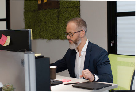 A European adult man with a beard works at a computer in the office of company