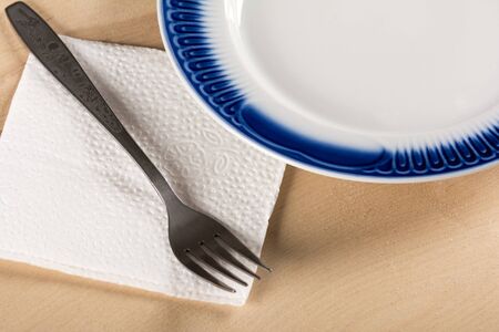 Empty dish and fork on a napkin