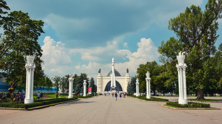 Russia, Moscow, May 11, 2018. Walking people on exhibition complex VDNHのeditorial素材