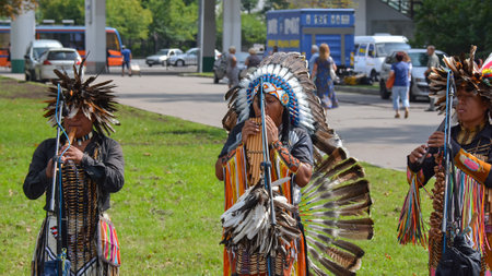 Russia, Moscow, May 07, 2018.  Street musicians - Indiansのeditorial素材