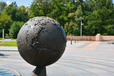 Russia, Moscow, May 11, 2018. Big bronze globe on Alley of Astronautsのeditorial素材