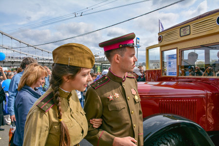 Russia, Moscow, May 17, 2017. People on exhibition of old Moscow transportのeditorial素材