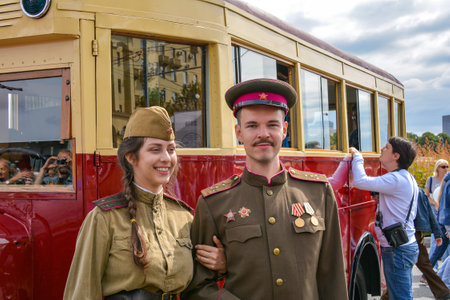 Russia, Moscow, May 17, 2017. People on exhibition of old Moscow transportのeditorial素材