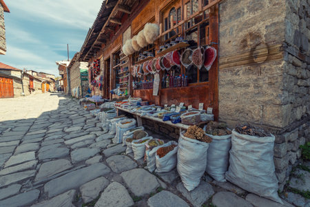 Lagich, Azerbaijan, October 24, 2018. Sale of herbs and oriental sweets