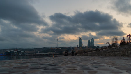Azerbaijan, Baku, February 24, 2019 Youth walk along the embankment