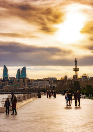 Baku, Azerbaijan March 14, 2019 People walk in National Seaside Parkのeditorial素材