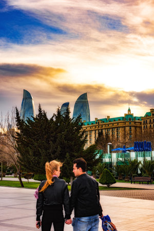 Baku, Azerbaijan March 14, 2019 People walk in National Seaside Parkのeditorial素材