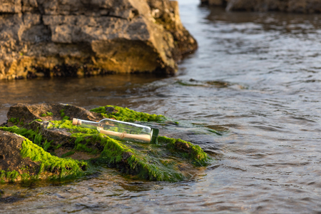 Message in a bottle on a stone covered with seaweedの写真素材