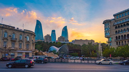 Baku, Azerbaijan August 10, 2019 View to funicular and Flame Towersのeditorial素材
