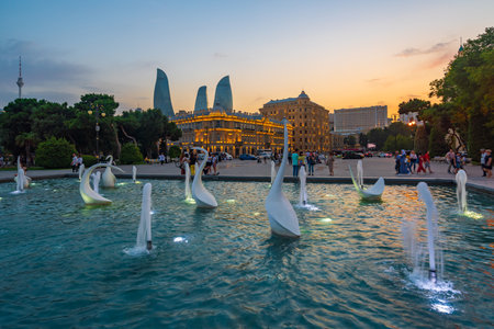 Baku, Azerbaijan August 10, 2019 Fountains in National Seaside Parkのeditorial素材