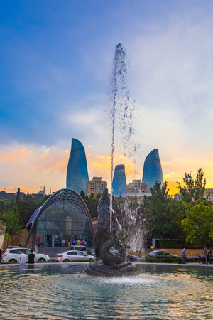 Baku, Azerbaijan August 10, 2019 Bahram Gur fountain monumentのeditorial素材
