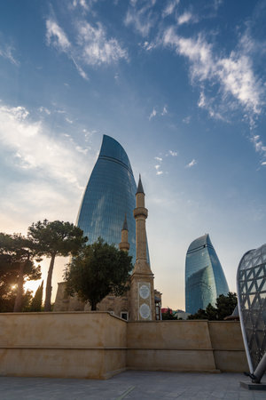 Baku, Azerbaijan August 10, 2019 View of the Flame towers at sunsetのeditorial素材