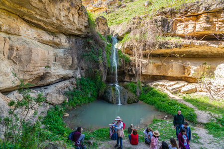 Tourists at a waterfall in a mountain gorgeのeditorial素材