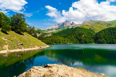 View on mountain lake MaralGol in Azerbaijanの写真素材