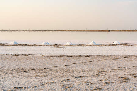 Heaps of salt on the lakeの写真素材