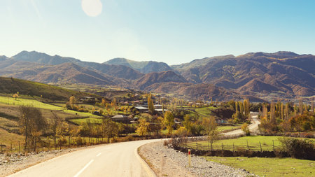 Asphalt road to Lahij village in Azerbaijanの写真素材