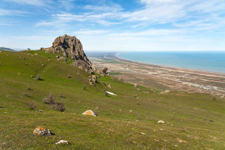 Rocky peak of holy mountain Beshbarmag located in Azerbaijan Republicの写真素材