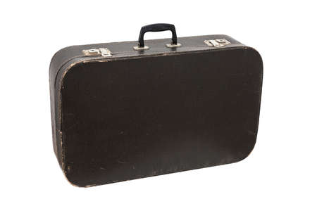 Old leather vintage suitcase isolated on whiteの写真素材