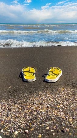 Flip flops on the beachの写真素材