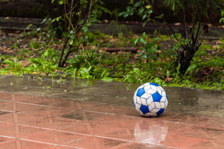 soccer ball in the rainの写真素材
