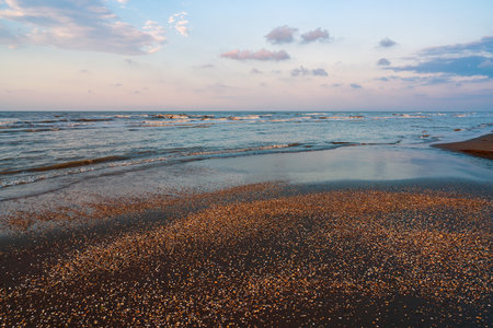 Empty sea beach after sunsetの写真素材