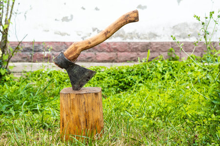 Antique sharp ax in a logの写真素材