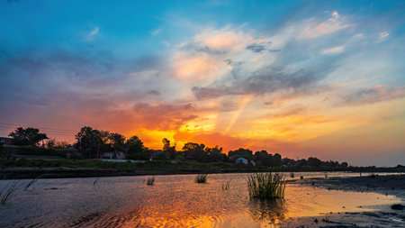 River bed at sunset timeの写真素材