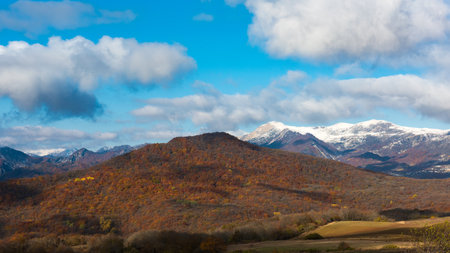 Wooded mountain ranges in autumn seasonの写真素材