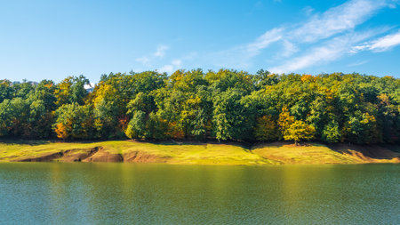 Khanbulan mountain lake in autumn seasonの写真素材