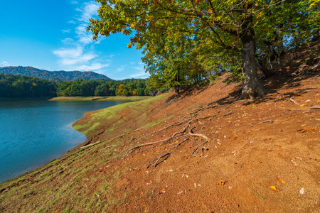Khanbulan mountain lake in autumn seasonの写真素材