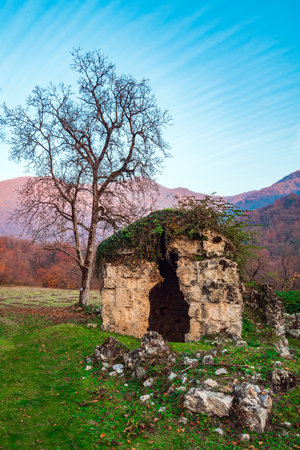 Ruins of the ancient Albanian complex of seven churches date back to the 4th-5th century. Gakh region of Azerbaijanの写真素材