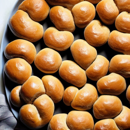 Homemade buns in a baking dish on a white background.の素材