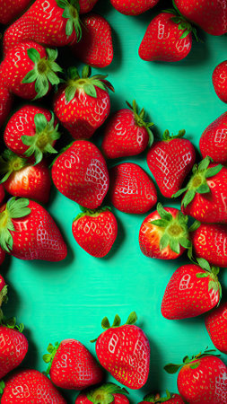 Strawberries on a green wooden background. top view. flat lay.の素材