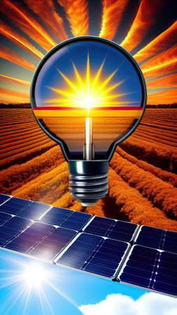 Solar energy panels and light bulb on the background of the solar fieldの素材