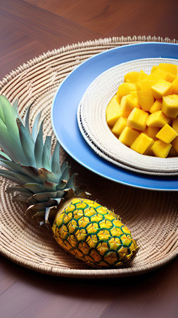 Plate with fresh mango and pineapples on a wooden tableの素材
