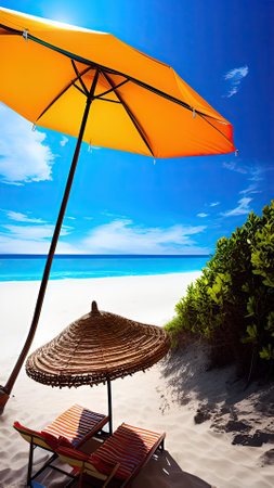 Beach chair and umbrella on beautiful tropical beach - summer vacation backgroundの素材