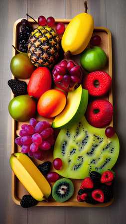 Variety of fruits in a wooden box on a wooden background.の素材