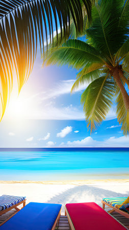 Tropical beach with palm trees and sunbeds at sunsetの素材