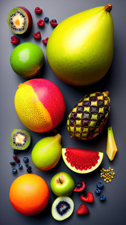 Fruits on a black background. Healthy food concept. top view.の素材
