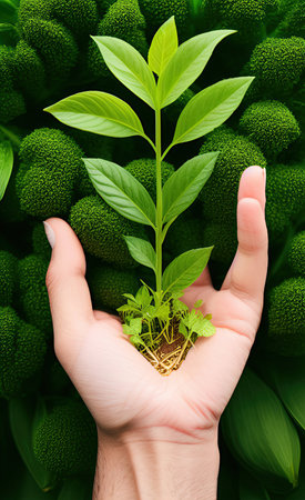 Hand holding a green sprout on a background of green leaves.の素材