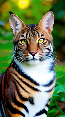Portrait of a tiger on the background of green grass. close-up.の素材