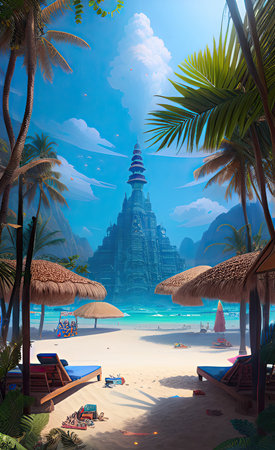 Tropical beach with a big pagoda in the background.の素材