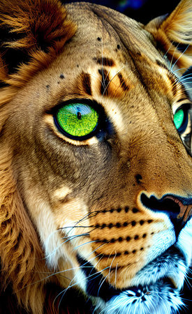 Portrait of a beautiful lion with green eyes close-up.の素材
