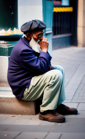 Portrait of a Sadhu sitting on the street in Kathmandu in the afternoonの素材