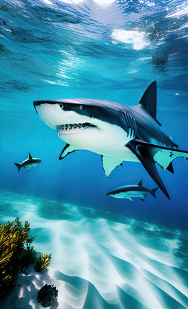 Picture shows a great white shark at the Bahamas. This is a 3d render illustration.の素材