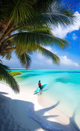 Surfer on beautiful beach at Seychelles, Maheの素材
