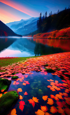 Mountain lake with autumn leaves at sunset. beautiful autumn landscape.の素材